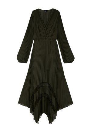 Donkergroene olijfkleurige geplooide midi-jurk met lange bisschopsmouwen, V-hals wikkelbodice, getailleerde taille en asymmetrische zoom met doorschijnende paneelaccenten.