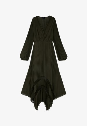 Donkergroene olijfkleurige geplooide midi-jurk met lange bisschopsmouwen, V-hals wikkelbodice, getailleerde taille en asymmetrische zoom met doorschijnende paneelaccenten.