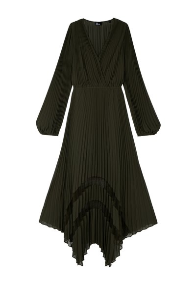 Dark olive green pleated midi dress with long bishop sleeves, V-neck wrap bodice, cinched waist, and asymmetrical hem with sheer panel accents.