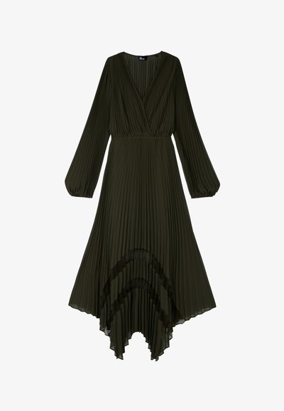 Dark olive green pleated midi dress with long bishop sleeves, V-neck wrap bodice, cinched waist, and asymmetrical hem with sheer panel accents.