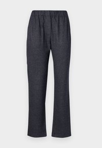 Pantaloni grigi scuri con un motivo a spina di pesce, vita elastica e gambe dritte. Realizzati in tessuto a trama, presentano tasche laterali.