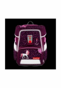 Lila Rucksack mit Einhorn-Design, reflektierenden Akzenten, pinken Riemen und strukturiertem Muster. Verfügt über eine vordere Reißverschlusstasche und einen Schlüsselanhänger.