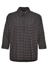 Chemise bleu marine à carreaux avec un devant à boutons, tissu doux, col et manches trois-quarts. Présente un motif en grille avec des lignes beige clair.