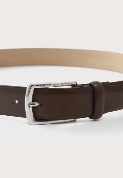 Brown leather belt with a light tan reversible side, featuring a silver metal rectangular buckle and embossed brand name.