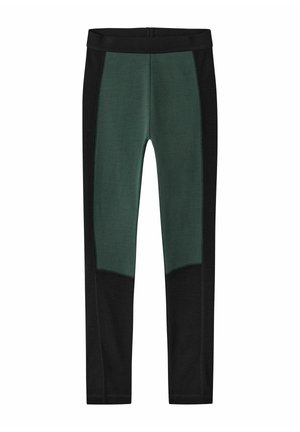 Leggings stretch avec côtés et taille noirs et un panneau vert foncé à l’avant et sur le haut des jambes, conçus pour une activité sportive.