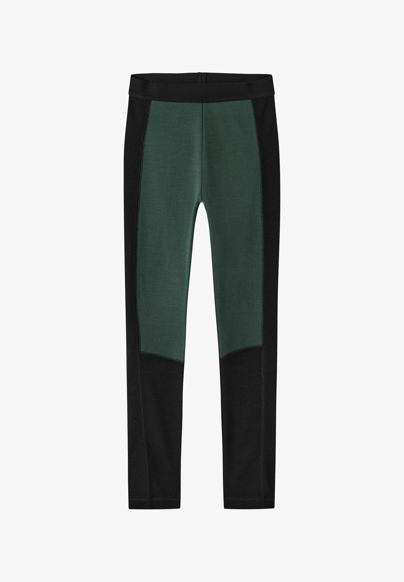 Leggings stretch avec côtés et taille noirs et un panneau vert foncé à l’avant et sur le haut des jambes, conçus pour une activité sportive.