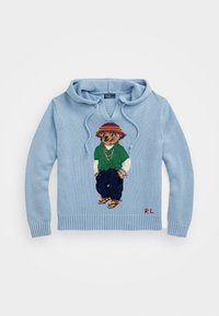 Light blue knitted hoodie with a v-neck, featuring a graphic of a bear wearing a green shirt and red striped hat. Signature "R.L." at hem.