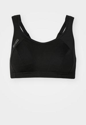 Crni sportski grudnjak sa strukturiranim dizajnom, s podesivim trakama i mrežastim detaljima. Izrađen od glatkog, rastezljivog materijala.