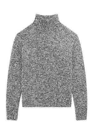 Juoda ir balta marginta megztinis su apykakle, ilgomis rankovėmis ir krakmolingomis rankogaliais, apačia ir apykakle.