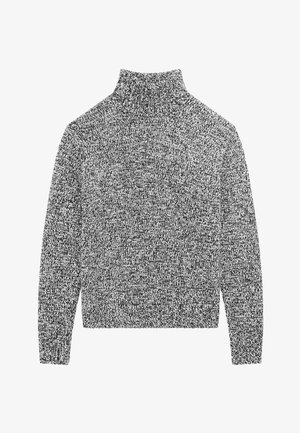 Černobílý melírovaný pletený rolák s dlouhými rukávy a žebrovanými manžetami, lemem a výstřihem.