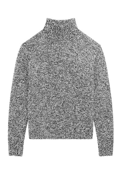 Juoda ir balta marginta megztinis su apykakle, ilgomis rankovėmis ir krakmolingomis rankogaliais, apačia ir apykakle.