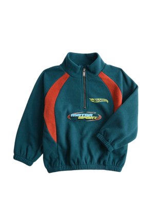 Turkis og orange fleecetrøje med halv lynlås, elastiske manchetter og kant, med Hot Wheels- og Motor Sport-logoer foran.