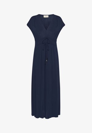 Abito maxi blu navy con scollatura a V profonda e maniche corte. Presenta un cordino regolabile in vita e un tessuto fluido e strutturato.