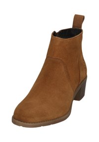 Braune Wildleder-Ankle-Boots mit niedrigem Blockabsatz, runder Zehenpartie und Schlaufe am Knöchel. Glattes Innenfutter und minimale Nähdetails.