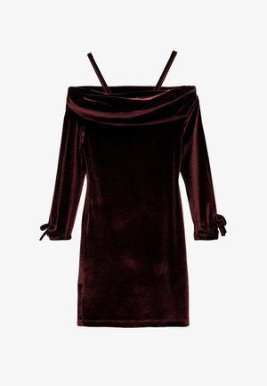 Samtkleid in Karmesinrot mit schulterfreiem Ausschnitt, dreiviertelangen Ärmeln und Bindebändern an den Ärmelabschlüssen. Glatte Textur, A-Linien-Form.