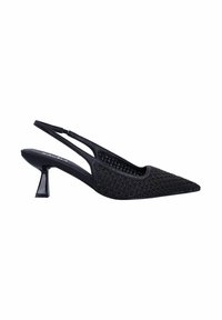 Chaussures slingback noires à bout pointu, avec une tige en maille texturée, un design épuré et un petit talon en bloc transparent.