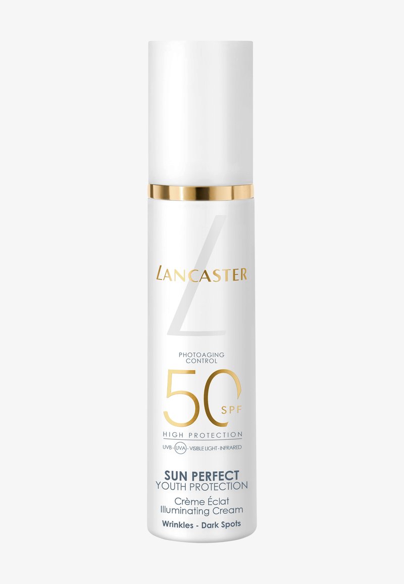 Lancaster Sun Perfect SPF 50 ungdomsbeskyttelsescreme flaske med guld- og hvidt design, til rynker og mørke pletter.