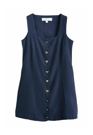 Ujjatlan tengerészkék lenvászon ruha négyzet alakú nyakkivágással, fodros elülső szegéllyel és középen végigfutó, szív alakú arany gombokkal.