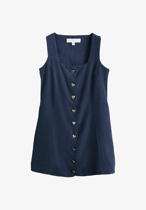 Ujjatlan tengerészkék lenvászon ruha négyzet alakú nyakkivágással, fodros elülső szegéllyel és középen végigfutó, szív alakú arany gombokkal.