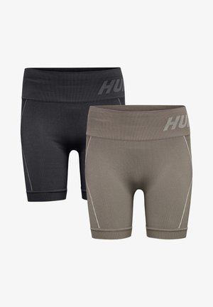 To sæt stretch shorts i mørkegrå og olivengrøn. Begge har en ribbet struktur og elastisk talje med logo og kontrasterende syninger.