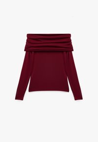Top bordeaux con spalle scoperte e maniche lunghe, con tessuto arricciato all'uscita del collo. Realizzato in un materiale morbido e elastico.