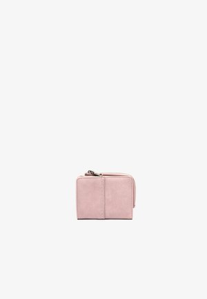 Portafoglio compatto in pelle rosa chiaro con tasca frontale e chiusura con cerniera in alto a destra.