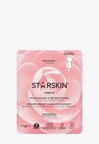 Le packaging du masque en feuille à l'huile en 2 étapes Starskin Camellia présente un design floral rose avec un texte noir, et une petite ouverture en forme de capsule pour l'huile.