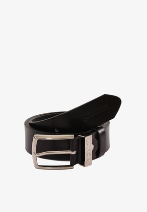 Schwarzer Leder-Gürtel, aufgerollt mit einer silbernen rechteckigen Schnalle und metallischen Details, die mit dem Markennamen "PICALDI" graviert sind.