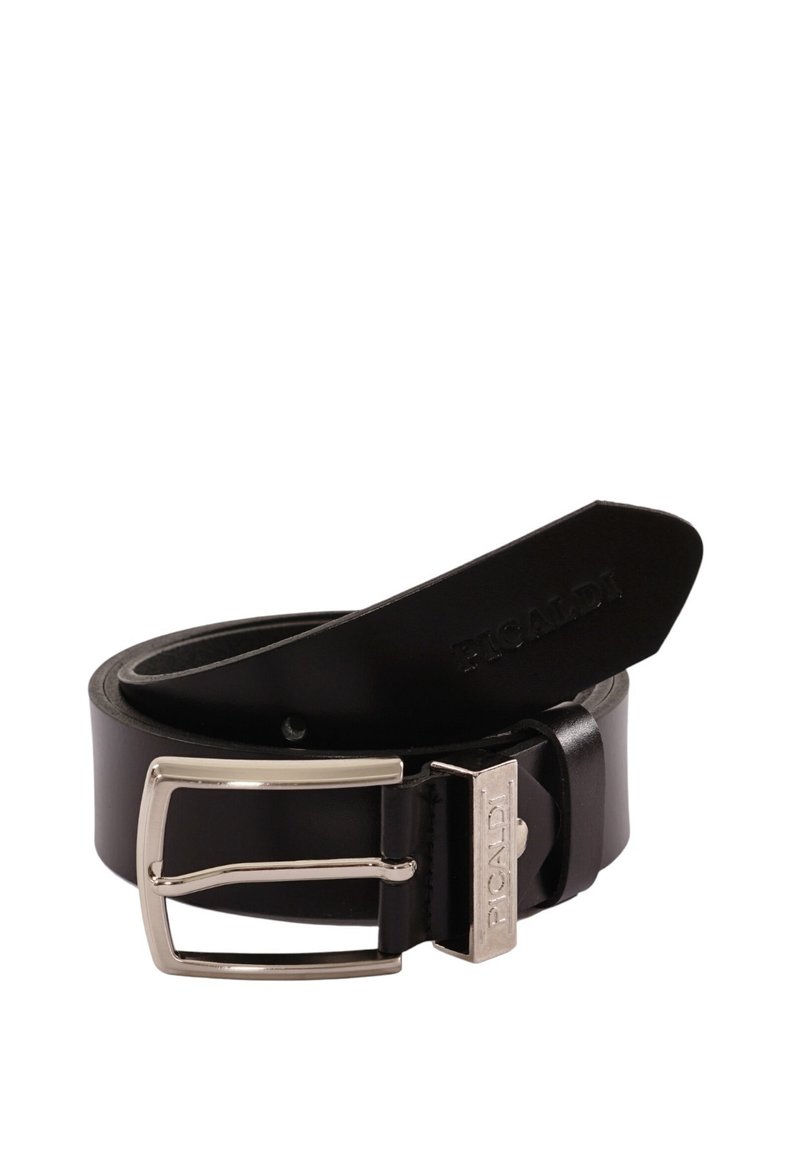 Black leather belt rolled up with silver rectangular buckle and metal detail engraved with "PICALDI" brand name.