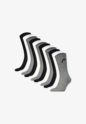 Zehn Paar Sportsocken in Schwarz, Weiß und Grau, abwechselnd angeordnet, wobei eine graue Socke ein kleines schwarzes Logo zeigt.