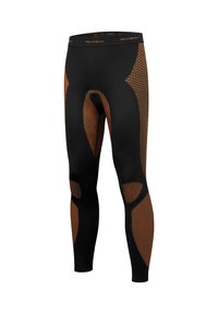 Black thermal leggings with brown geometric mesh panels and textured accents, featuring a high waistband and fitted design.