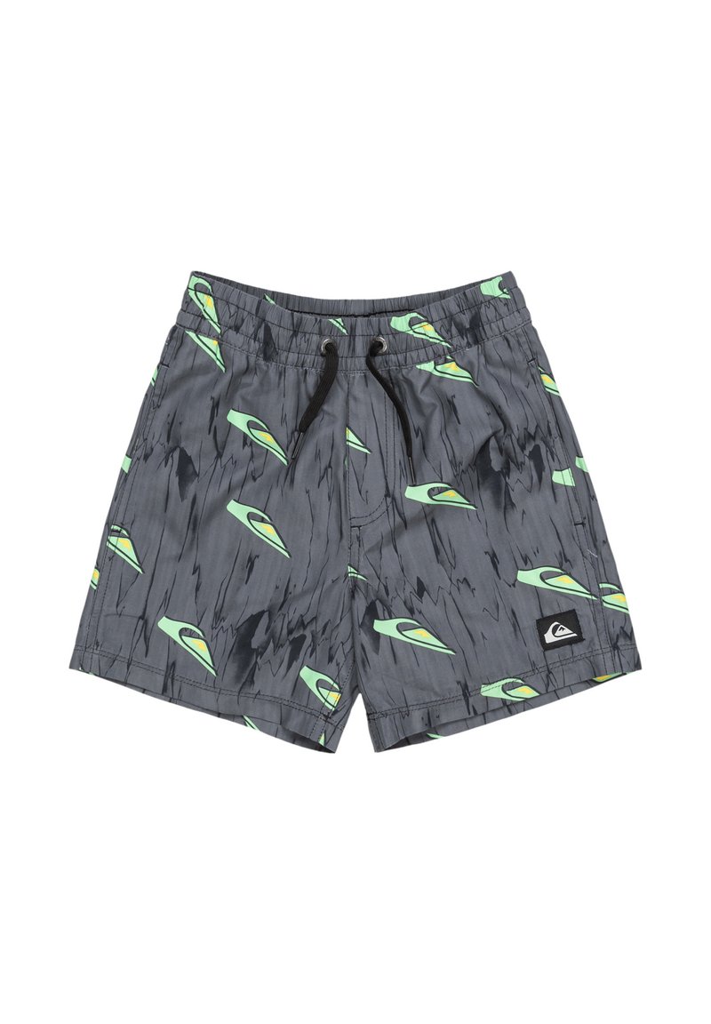 Šedé plavky s vlnitým vzorom zelených a žltých tvarov. Majú elastický pás so čiernou šnúrkou a nášivku s logom značky.