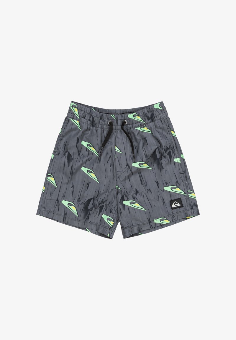 Šedé plavky s vlnitým vzorom zelených a žltých tvarov. Majú elastický pás so čiernou šnúrkou a nášivku s logom značky.