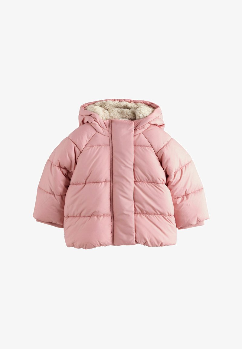 Rosa Steppjacke mit Kapuze und weichem beigen Fleecefutter, entworfen für Kleinkinder, mit horizontaler Steppnaht und komplettem Frontverschluss.