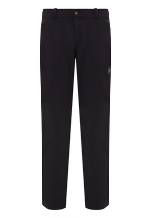Zwarte broek van duurzaam materiaal, met een recht gesneden pasvorm, voorzakken en een klein logo-accent op het been.