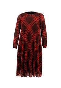Rot-braun kariertes Kleid mit langen Ärmeln, runder Halslinie und schwingendem Rock. Hergestellt aus einem strukturierten Stoff, der ein kariertes Muster aufweist.