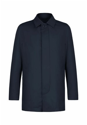 Marineblauer Herrenmantel mit einreihiger verdeckter Knopfleiste, klassischem Kragen und langen Ärmeln, dargestellt auf weißem Hintergrund.