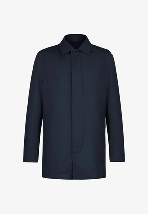 Granatowy męski płaszcz jednorzędowy z ukrytą listwą na guziki, klasycznym kołnierzem i długimi rękawami, prezentowany na białym tle.