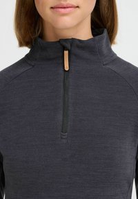 Gray pullover with a high collar and a quarter-zip front. Features a dark zipper and a leather pull tab, made from a smooth, textured fabric.