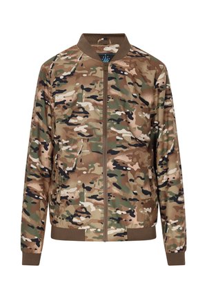 Camo bomberjack met een soepele stof, in tinten groen, bruin en zwart, met een rits aan de voorkant en geribbelde manchetten.