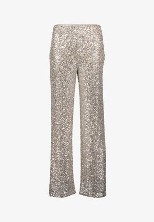 Glitzernde silberne Weitbein-Hosen mit Pailletten, die die gesamte Oberfläche bedecken, aus glattem Stoff und mit einem hohen Taillendesign.