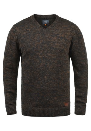 Maglione lavorato a maglia a V in tonalità marrone scuro e nero, con un motivo testurizzato e polsini a costine. Piccolo logo in pelle sull'orlo inferiore.