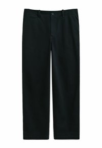 Schwarze Hose aus glattem Stoff, taillierte Passform, mit Knopfverschluss, Gürtelschlaufen und seitlichen Taschen; gerade Beinform.