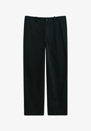 Black trousers made of smooth fabric, tailored fit, with a button closure, belt loops, and side pockets; straight leg design.