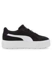 Zapatillas de ante negro con detalle de raya blanca, suela de goma texturizada, puntera redondeada, cordones planos y acento de logotipo dorado en la lengüeta.