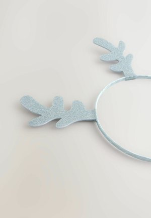 Blue glittery headband with tree-like antlers, featuring a shiny finish and a smooth, circular band. Simple design with pronounced textures.