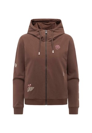 Brun hettejakke med glidelås, snor i hetten og små broderte motiver av skjell, korall og fugl på fronten og ermene.