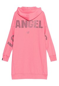 Růžová oversized mikina s kapucí, dlouhými rukávy a nápisem "ANGEL" vytištěným lesklými písmeny na zadní straně. Měkká tkanina s žebrovanými manžetami.