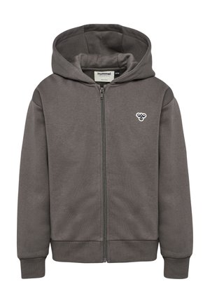 Gray zip-up hoodie with hood, ribbed cuffs and hem, and a small bee logo on the left chest.
