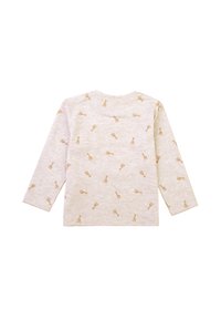 Camicia a maniche lunghe in cotone beige chiaro con una stampa ripetuta di piccole spatole dorate. Tessuto morbido con scollatura rotonda.